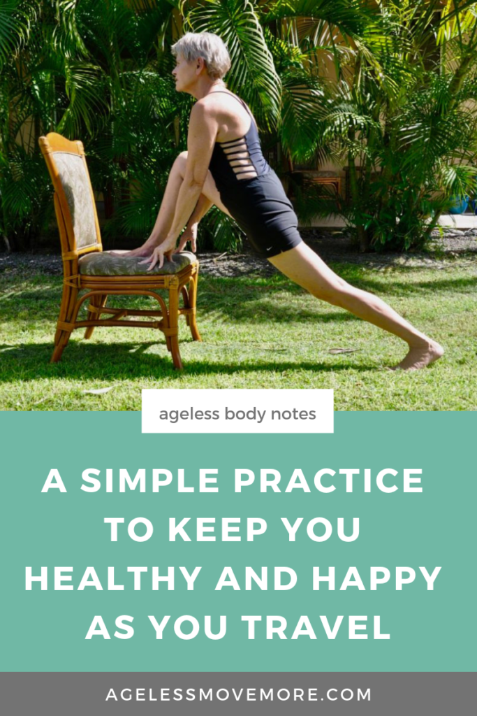 Don't let traveling disrupt your routine and your workout! Try this simple practice to stay happy and healthy while you travel. Click through to read more on the blog. #travel #practiceselflove #aginggracefully #ageisjustanumber #traveltips