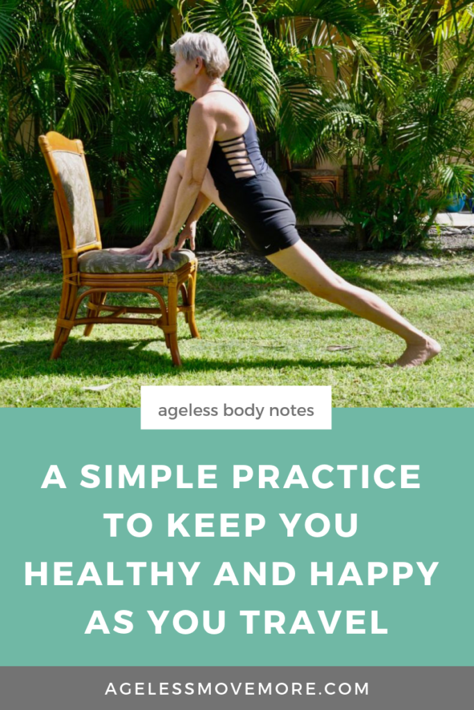 Don't let traveling disrupt your routine and your workout! Try this simple practice to stay happy and healthy while you travel. Click through to read more on the blog. #travel #practiceselflove #aginggracefully #ageisjustanumber #traveltips 